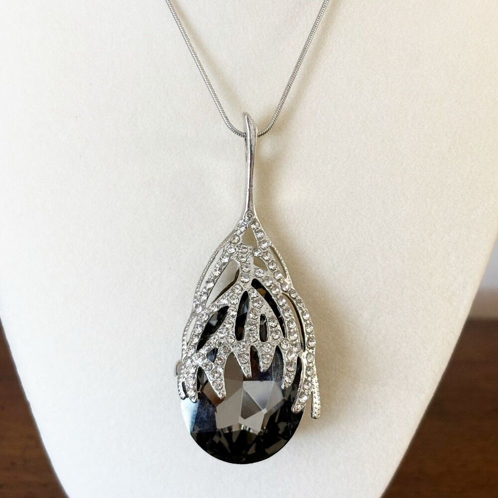 Black Crystal & Rhinestone Waterdrop Pendant Sweater Chain Long Necklace 30”
